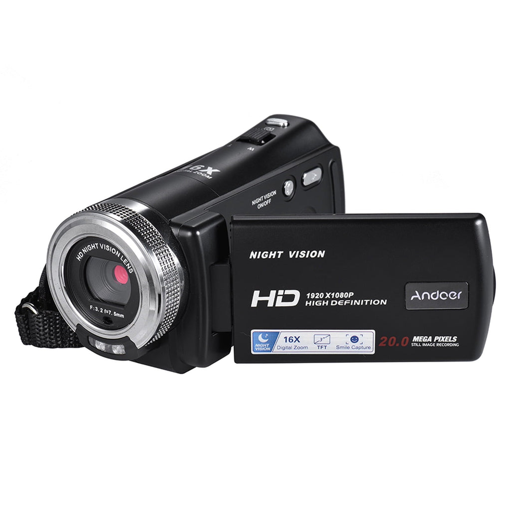 Andoer V12 1080p Full HD 16X Digital Zoom Recording Video Camera Portable Camcorder with 3.0 Inch Rotatable LCD Screen Max. 20 Pixels Support Night Vision Face Detection Face Beautification