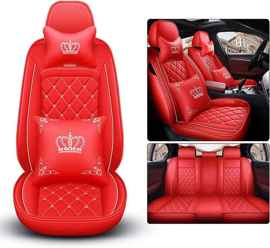 Aotiyer Full Set Car Seat Covers, Crown PU Leather Car Seat Cover Full Surround, Durable Comfortable Automotive Vehicle Cushion Cover Fit for Most 5 Seats Cars/SUV/Truck/Vans (Red)