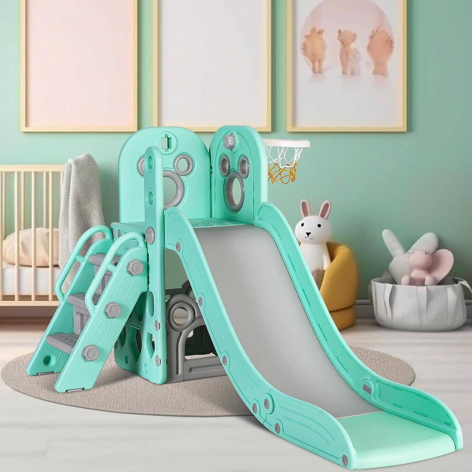 Arlopu Large Kids Slide, 4 in 1 Sturdy Toddler Slide Climber Playset with Basketball Hoop & Ball, Storage Space and Non-Slip Steps, Indoor Outdoor Toy for Children 1 Years +