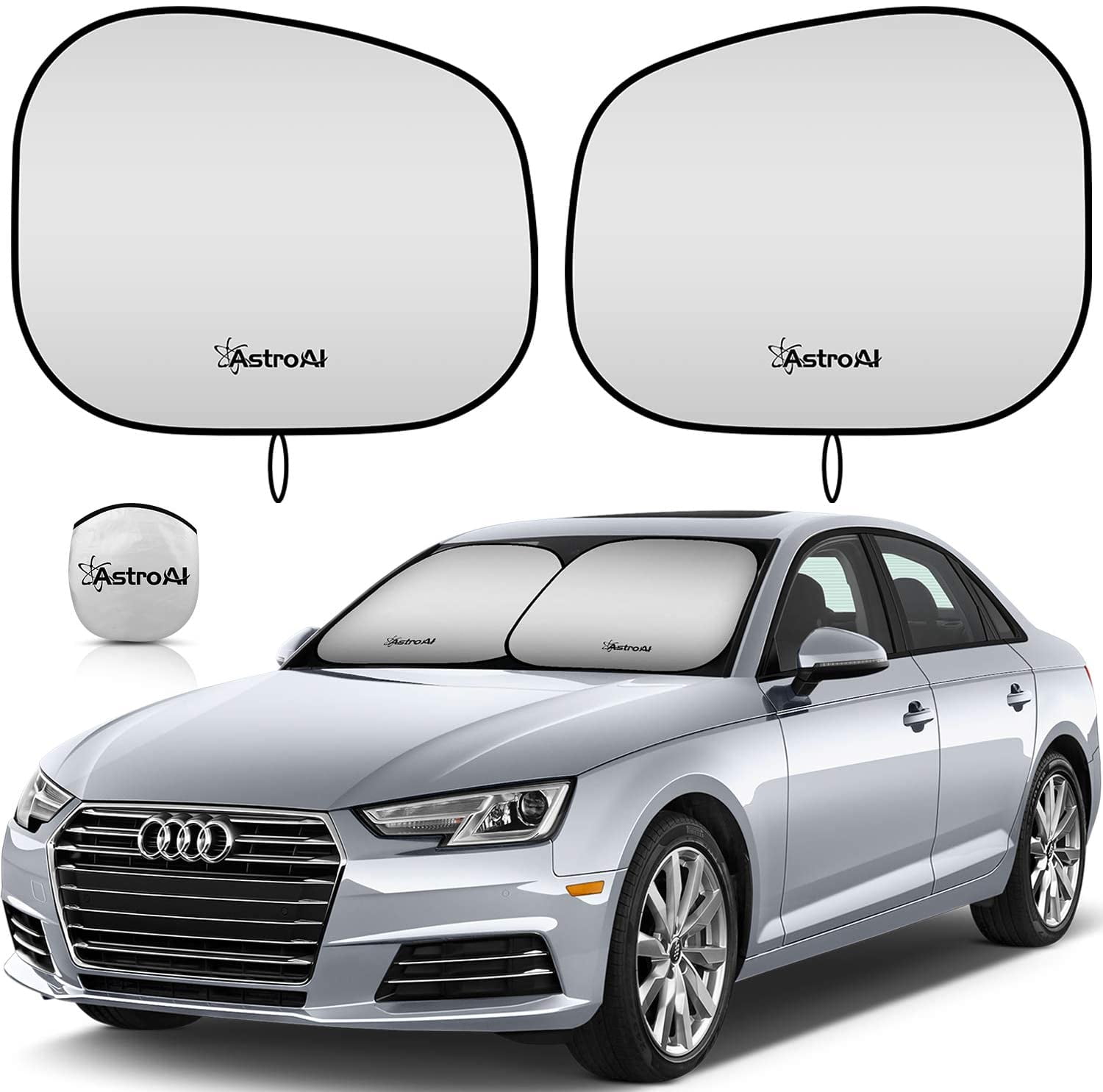 AstroAI 2-Piece Windshield Sun Shade - Windshield Shade Foldable Car Front Sunshield Blocks Max UV Rays, for Full Size SUV Truck Tesla, Silver