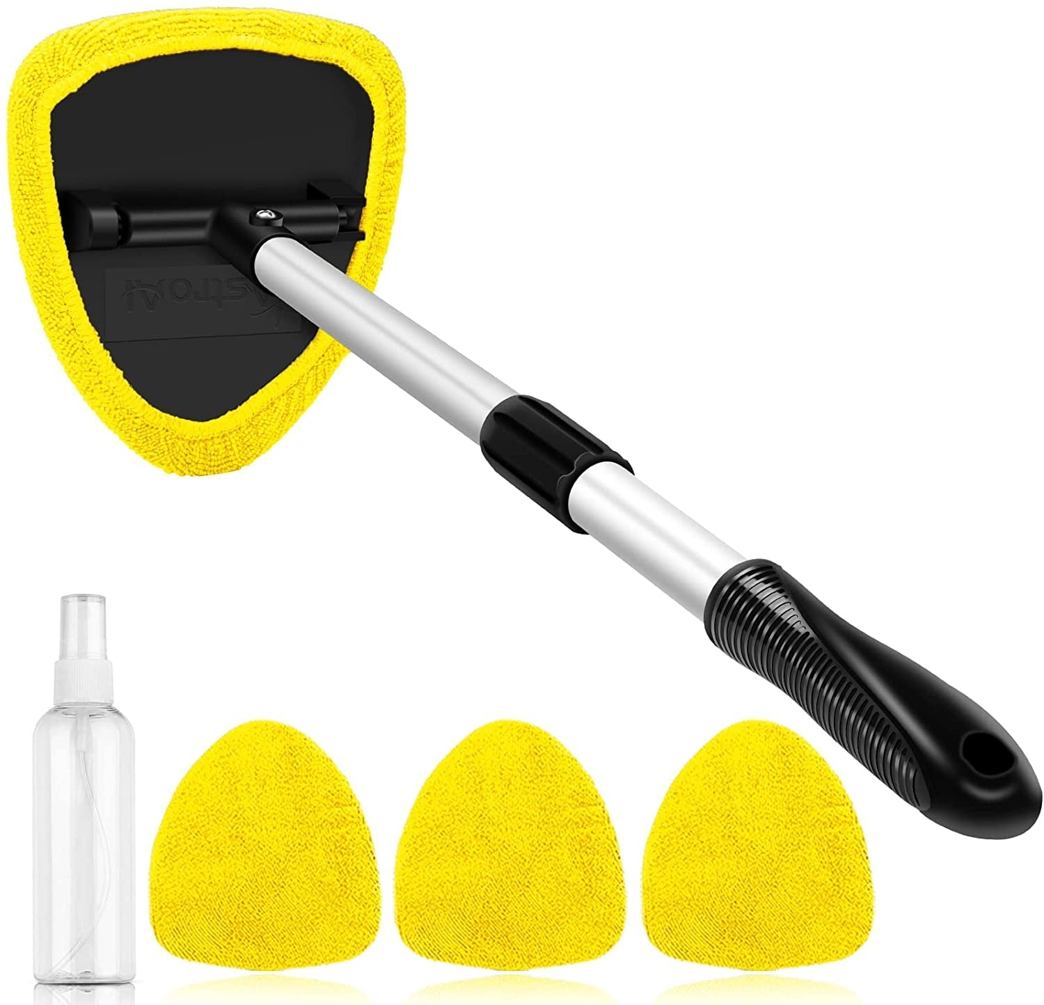 AstroAI, Car Window Cleaner, Microfiber Car Windshield Cleaning Tool with Extendable Handle and Washable Reusable Cloth Pad Head Auto Interior Exterior Glass Wiper Kits, Yellow