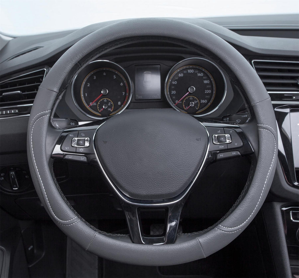 Auto Drive 1PC Steering Wheel Cover Country Leather Grey - Universal Fit, AD061716GR