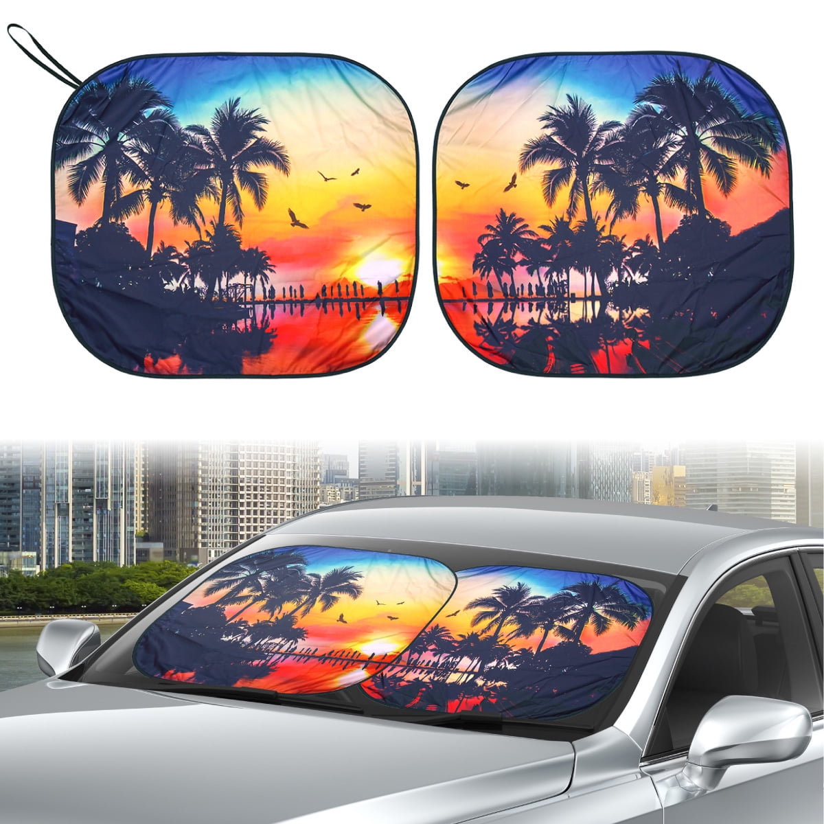 Auto Drive 2 Count Palm Tree Sunset Universal Twist Sun Shade Product Size 28.5'' x 31.5''
