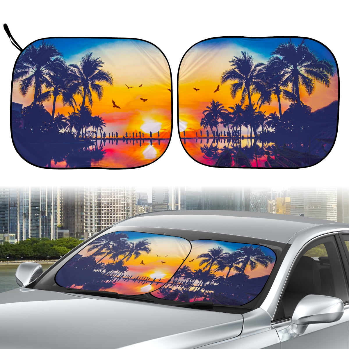 Auto Drive 2 Piece Universal Fit Most Vehicles' Windshield Super Jumbo Tropical Twist Sun Shade, 31.5" x 38"