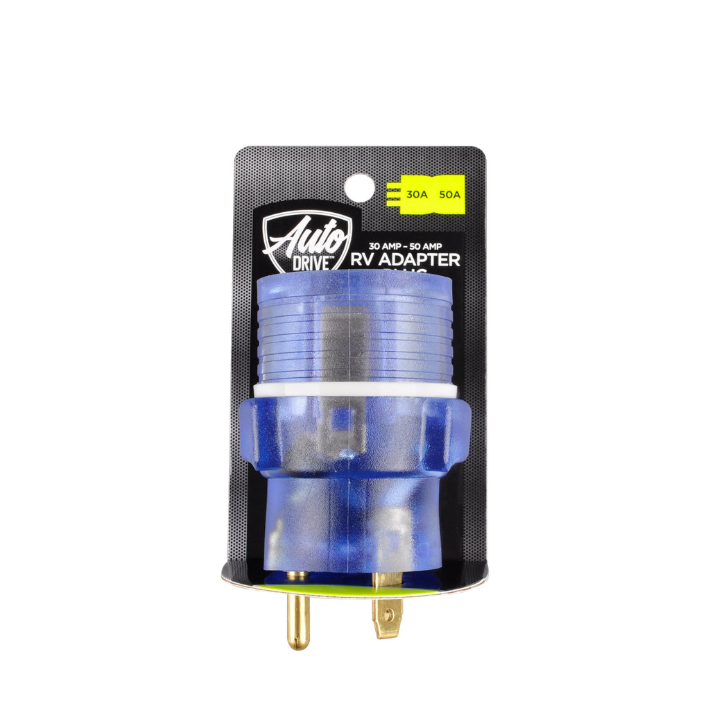 Auto Drive 30 to 50-Amp Universal RV Power Adapter with Light, Clear Blue