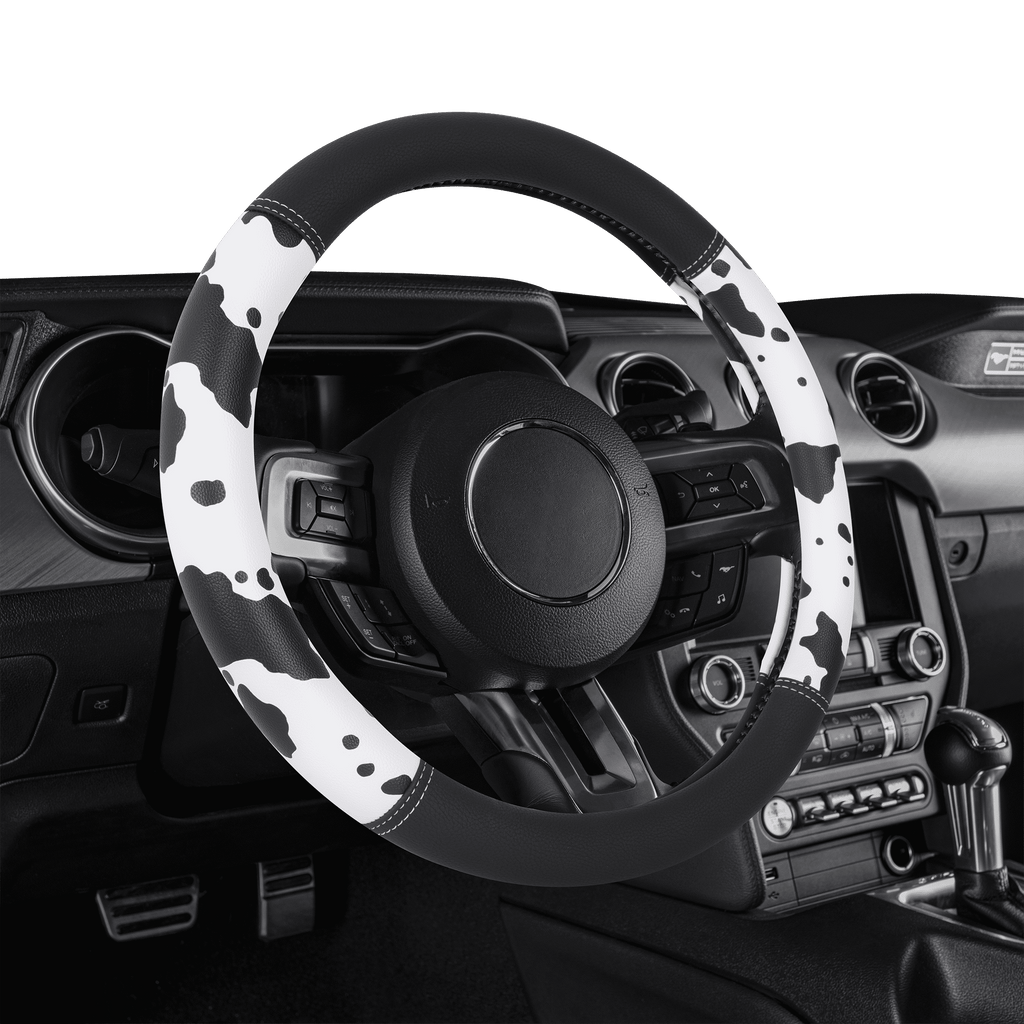 Auto Drive Black  White Cow Print Faux Leather Steering Wheel Cover, Universal Fit for Sedans, SUVs