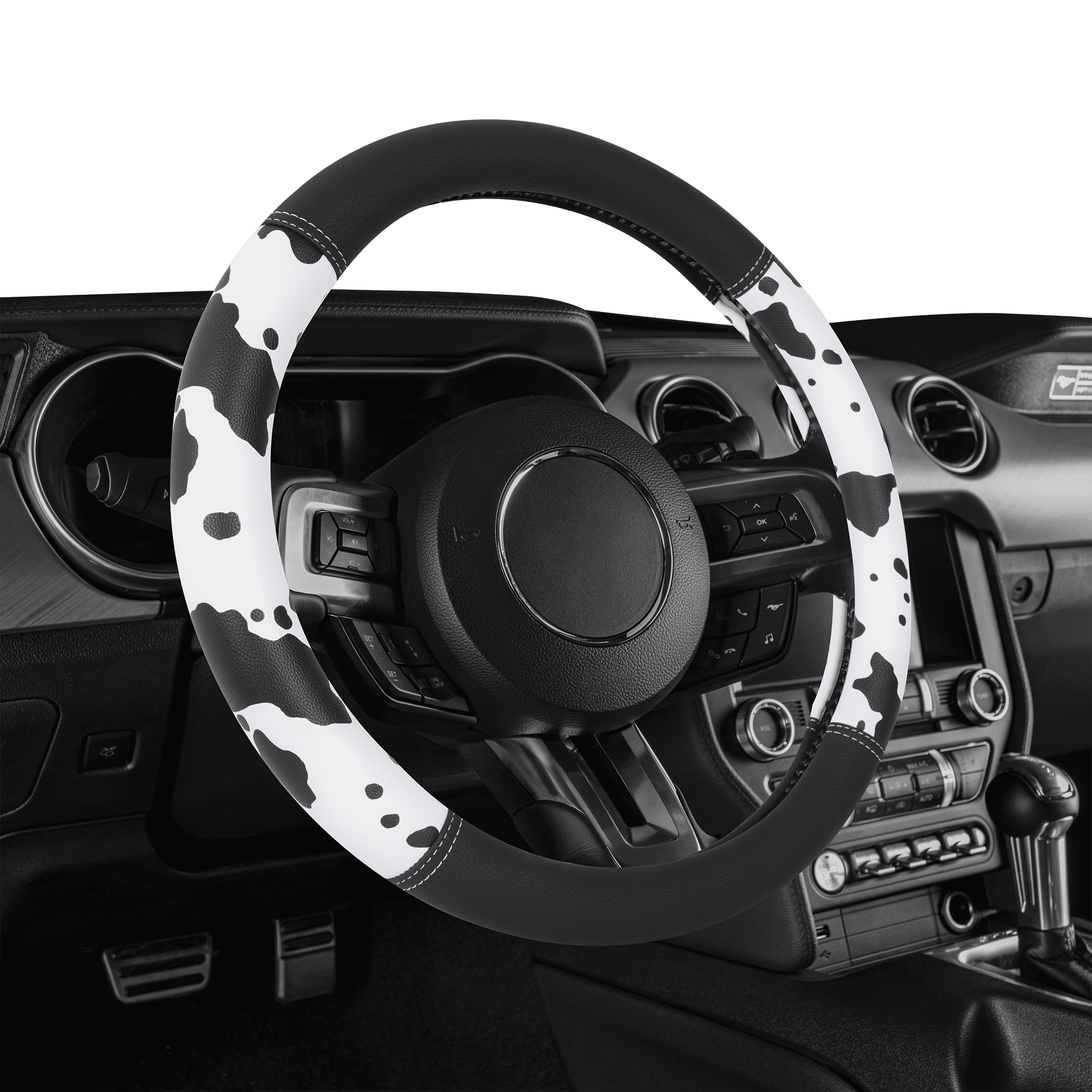 Auto Drive Black  White Cow Print Faux Leather Steering Wheel Cover, Universal Fit for Sedans, SUVs