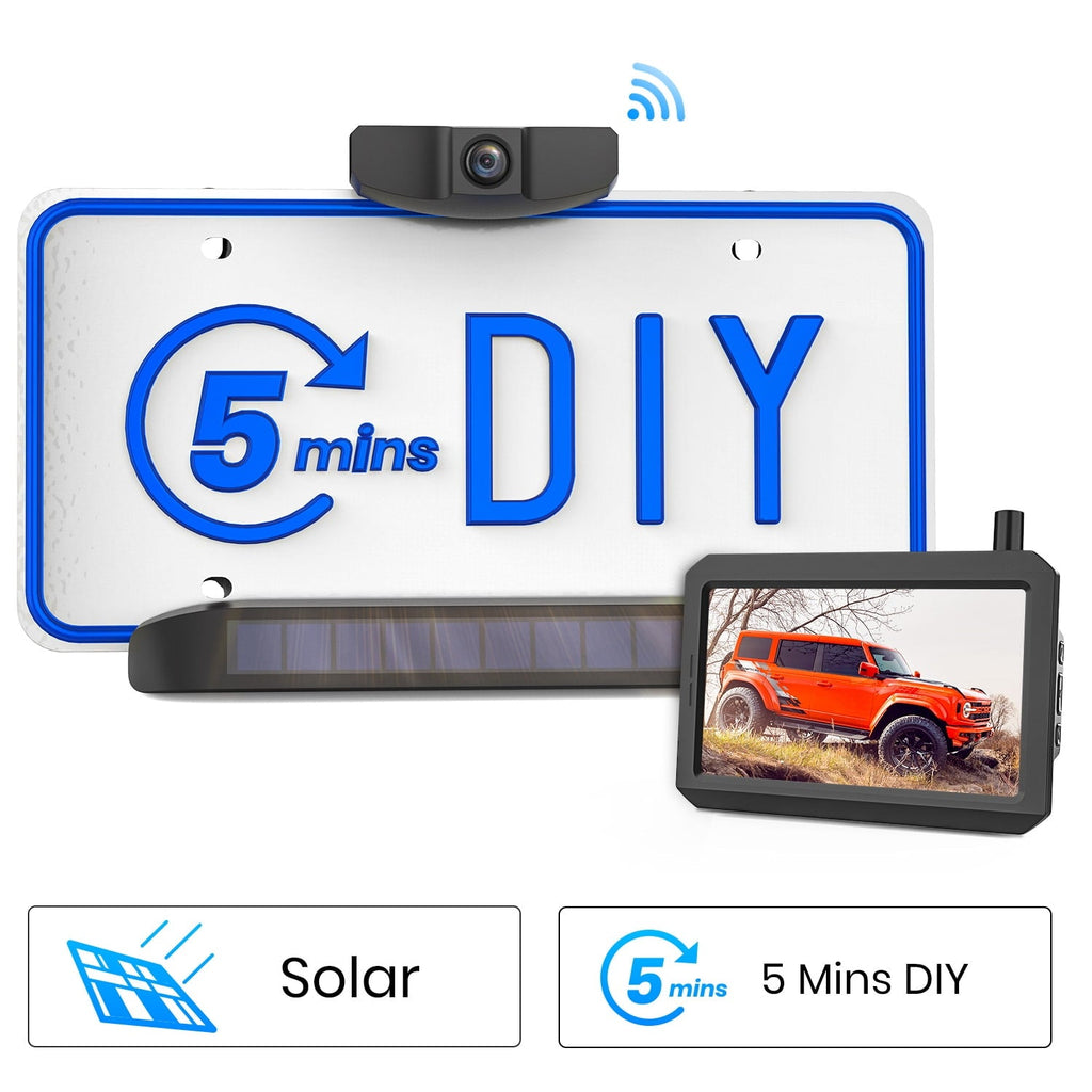 Auto-Vox Solar Wireless Backup Camera for Cars, 5'' Monitor Back Up Camera System with License Plate Rearview Camera for Trucks ( Solar1-C)