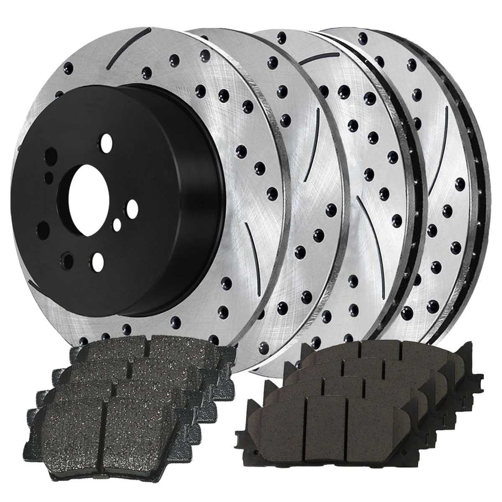 AutoShack Front and Rear Drilled Slotted Brake Rotors Black Performance Ceramic Pad Kit Replacement for 2007-2011 Toyota Camry 2008-2011 Avalon 2007 2008 2009 2010 Lexus ES350 2.4L 2.5L 3.5L V6 FWD