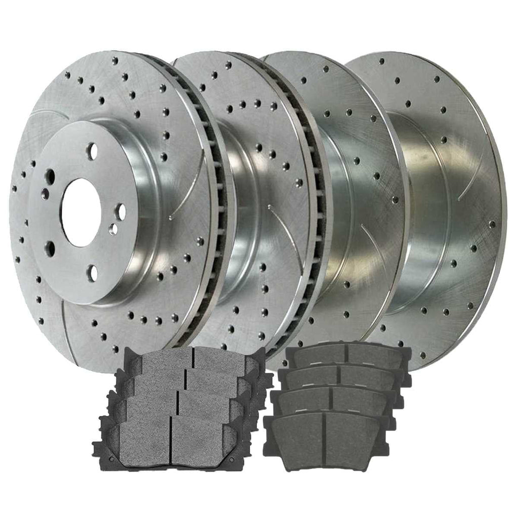 AutoShack Front and Rear Drilled Slotted Brake Rotors Silver and Ceramic Pads Kit Replacement for 2007-2011 Toyota Camry 2008-2011 Avalon 2007 2008 2009 2010 Lexus ES350 2.4L 2.5L 3.5L V6 FWD
