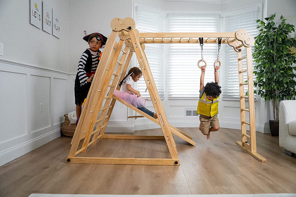 Avenlur Chestnut - The Ultimate Indoor 7-in-1 Playset and Foldable Jungle Gym for Kids Aged 2-8 with Slide, Rock Climb Wall, Climbing Ladder, Rope Net, Monkey Bars, Swing, and Ninja Ring - USA Company