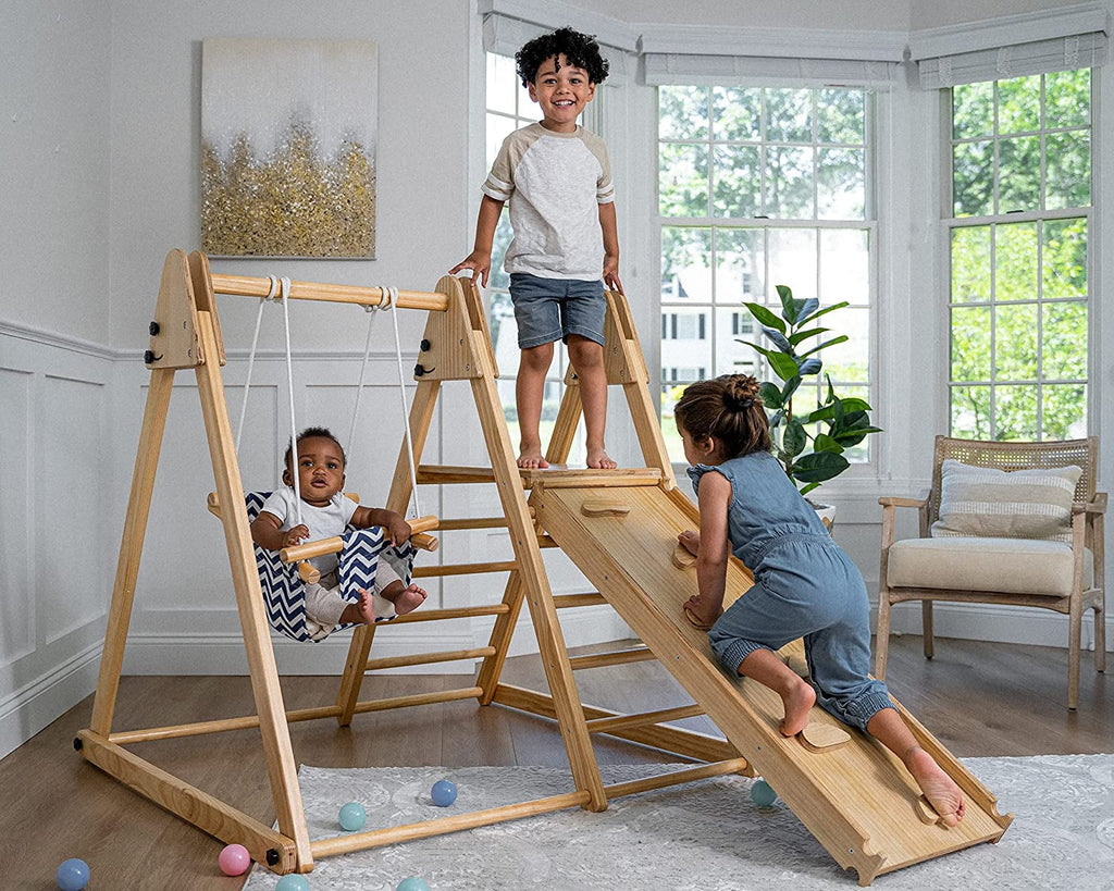 Avenlur Juniper Montessori Toddler Playset Indoor Playground Folding Gym, Interchangeable Baby/Toddler Swing 5 in 1 Multifunctional Foldable, Ladder Climber, Slide, Rock Climbing Kids Ages 1yr - 5yrs