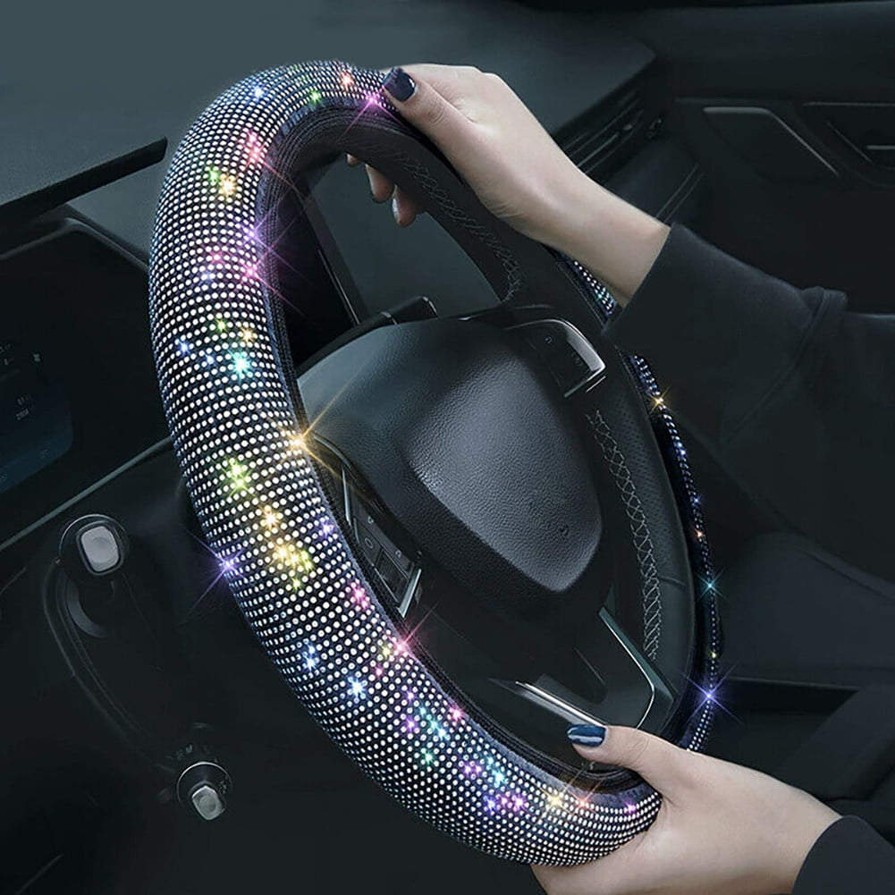 BAMILL Car Bling Steering Wheel Cover for Women Girls,15inch Universal Crystal Rhinestone Bling Anti-Slip Wheel Protector