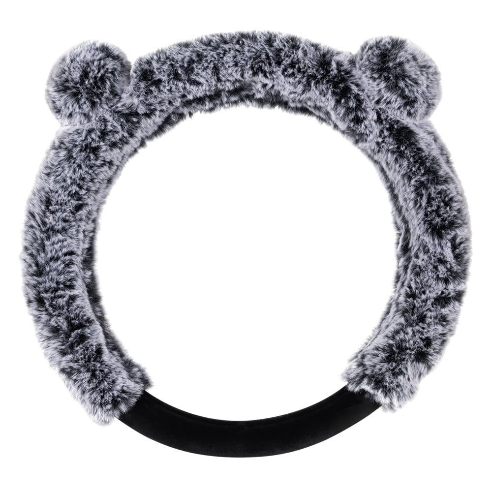 BDK Bear Fur Plush Steering Wheel Cover - Cute Faux Wool Protector Universal Size (Gray - With Ears)