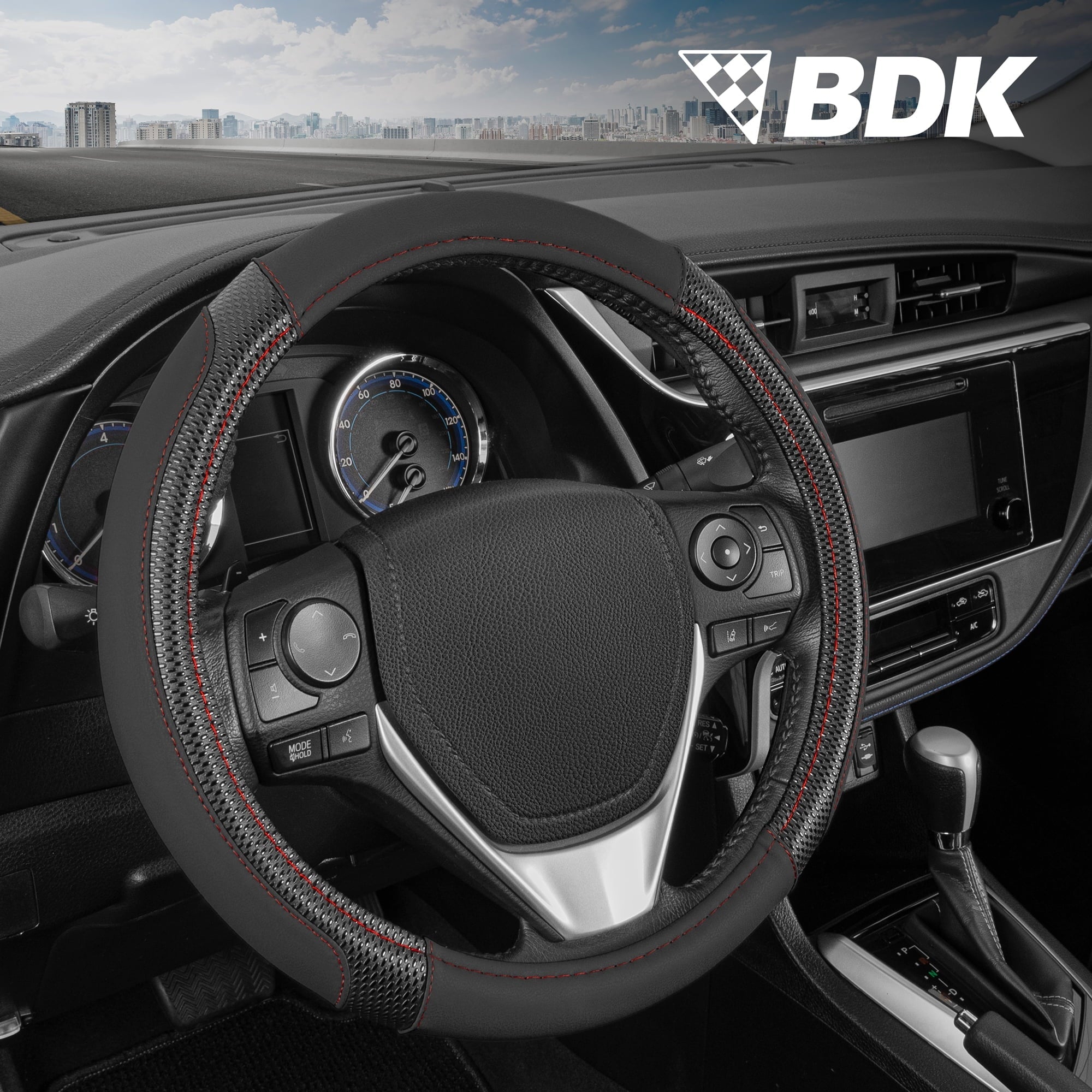 BDK GripTech Sport Black Steering Wheel Cover for Car Truck Van SUV, Medium (14.5" - 15.5") – Ergonomic Comfort Grip for Men & Women, Universal Fit Car Steering Wheel Cover