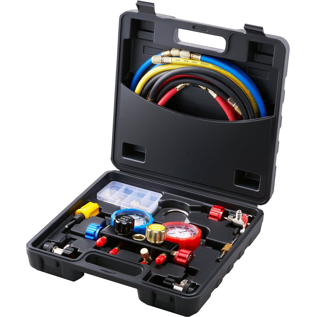 BENTISM 4-Way AC Manifold Gauge Set Fit R134A R22 R12 R502 Refrigeration Charging with Portable Case 4PCS Hoses for Air-Conditioning Refrigerator Maintenance