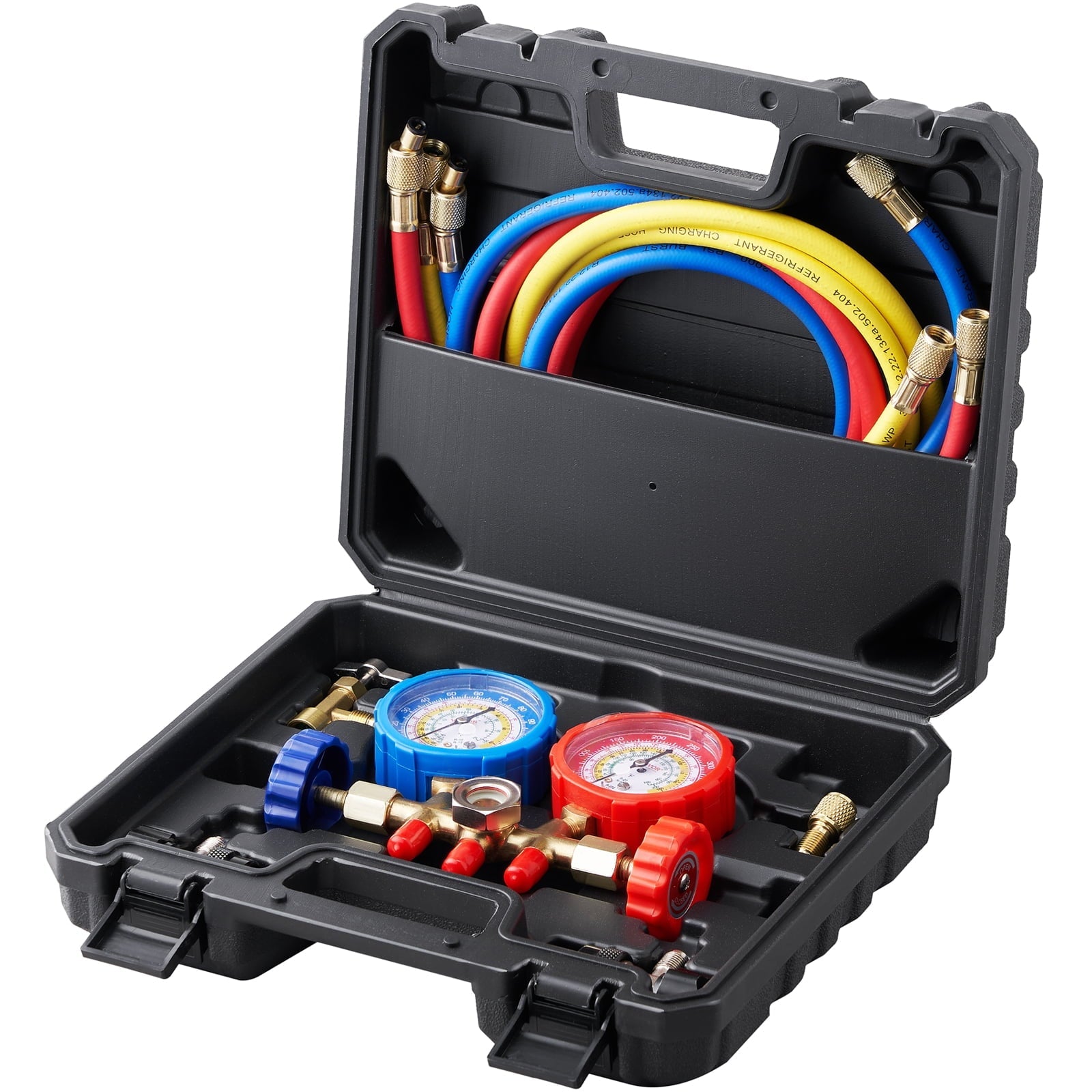 BENTISM AC Manifold Gauge Set 3-Way Fit R134A R22 R12 R502 Refrigeration Charging with Portable Case 3PCS Hoses