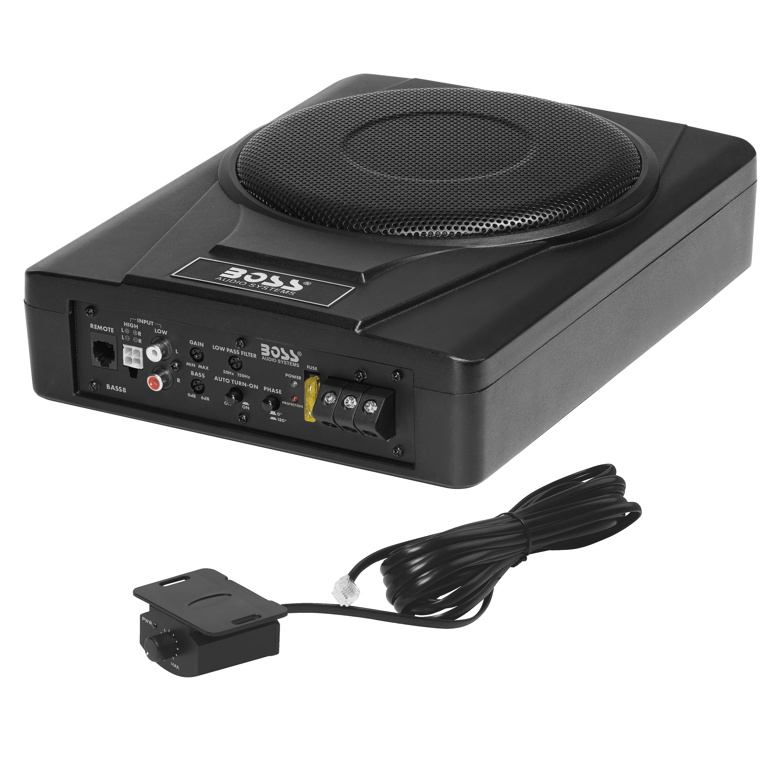 BOSS Audio Systems BASS8 8 Inch Under Seat Powered Car Subwoofer – 800 High Output, Low Profile, Built In Amplifier, For Truck, Boxes and Enclosures, Remote Subwoofer Control