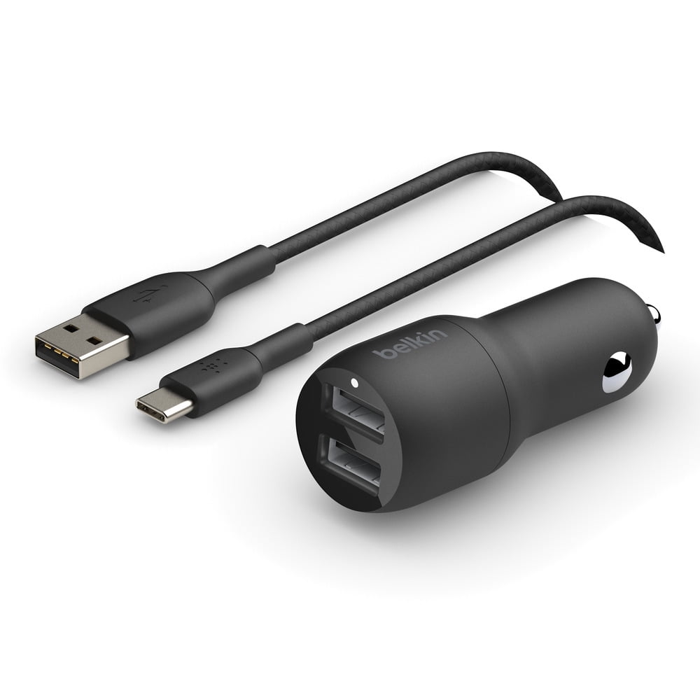 Belkin BOOSTCHARGE 24W Dual-Port USB-A Car Charger + USB C to USB-A Cable, 5ft