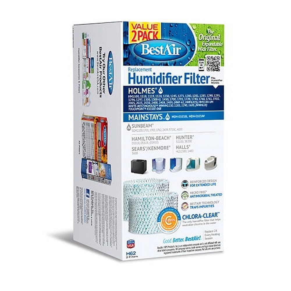 BestAir® H62 Value 2 Pack Extended Life Humidifier Replacement Paper Wick Filter For Holmes Humidifiers. SIZE: 4 1/4″ x 17 1/2″ x 1″. WEIGHT: 0.75 lbs.
