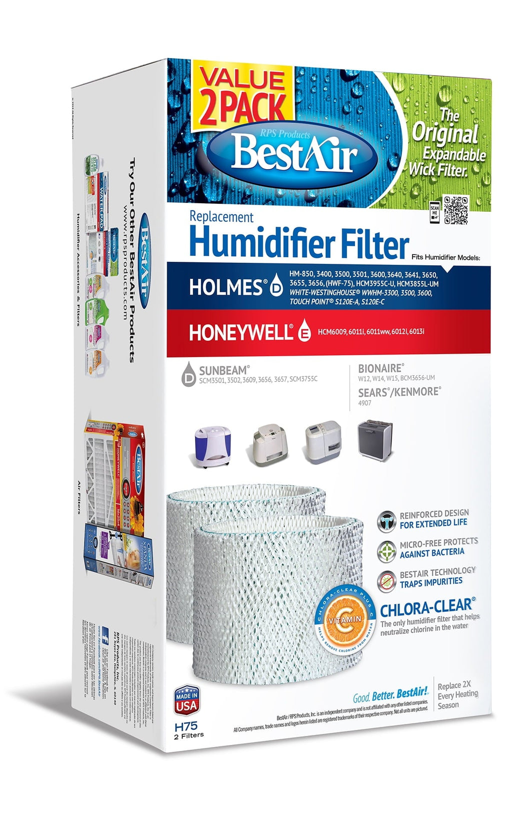 BestAir® H75 Value 2 Pack Extended Life Humidifier Replacement Paper Wick For Holmes Humidifiers. SIZE: 7 1/2″ x 28 1/8″ x 1″. WEIGHT: 0.75 lbs.