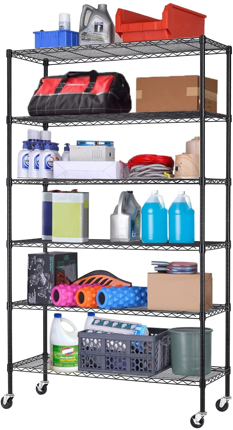 BestOffice 18x48x82 inch 6 Tier Wire Shelving Unit with Wheels Steel Adjustable Utility 2100 LBS Capacity,Black