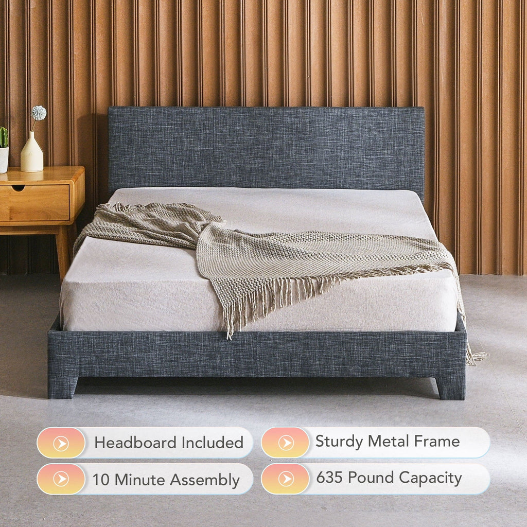 Bestco Sturdy Full Bed Platform with Headboard Steel Frame Wood Slats 635lb Cap, Gray