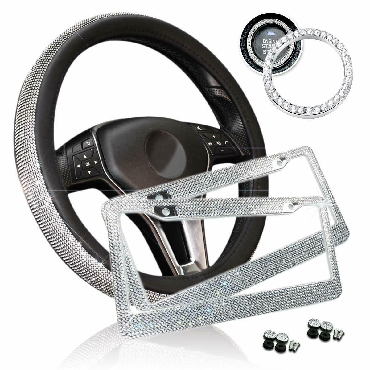 Bling Car Accessories Set, Bling Steering Wheel Cover for Women Universal Fit 15 Inch, Bling License Plate Frame for Women