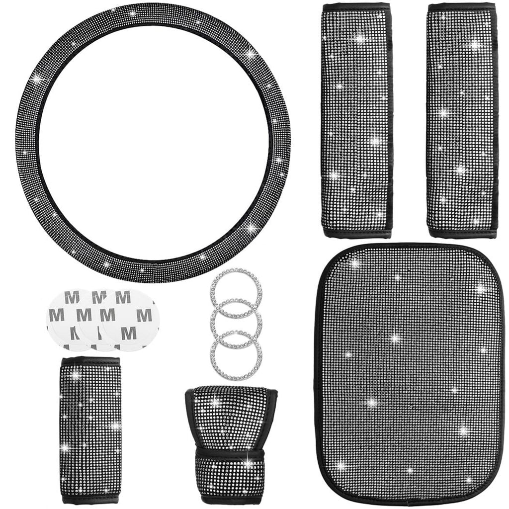 Bling Crystal Diamond Steering Wheel Cover, 11Pcs Shiny Rhinestone Sparkling Car Interior Decorations, Car Accessories for Women Girls, Universal Fit 14-15inch