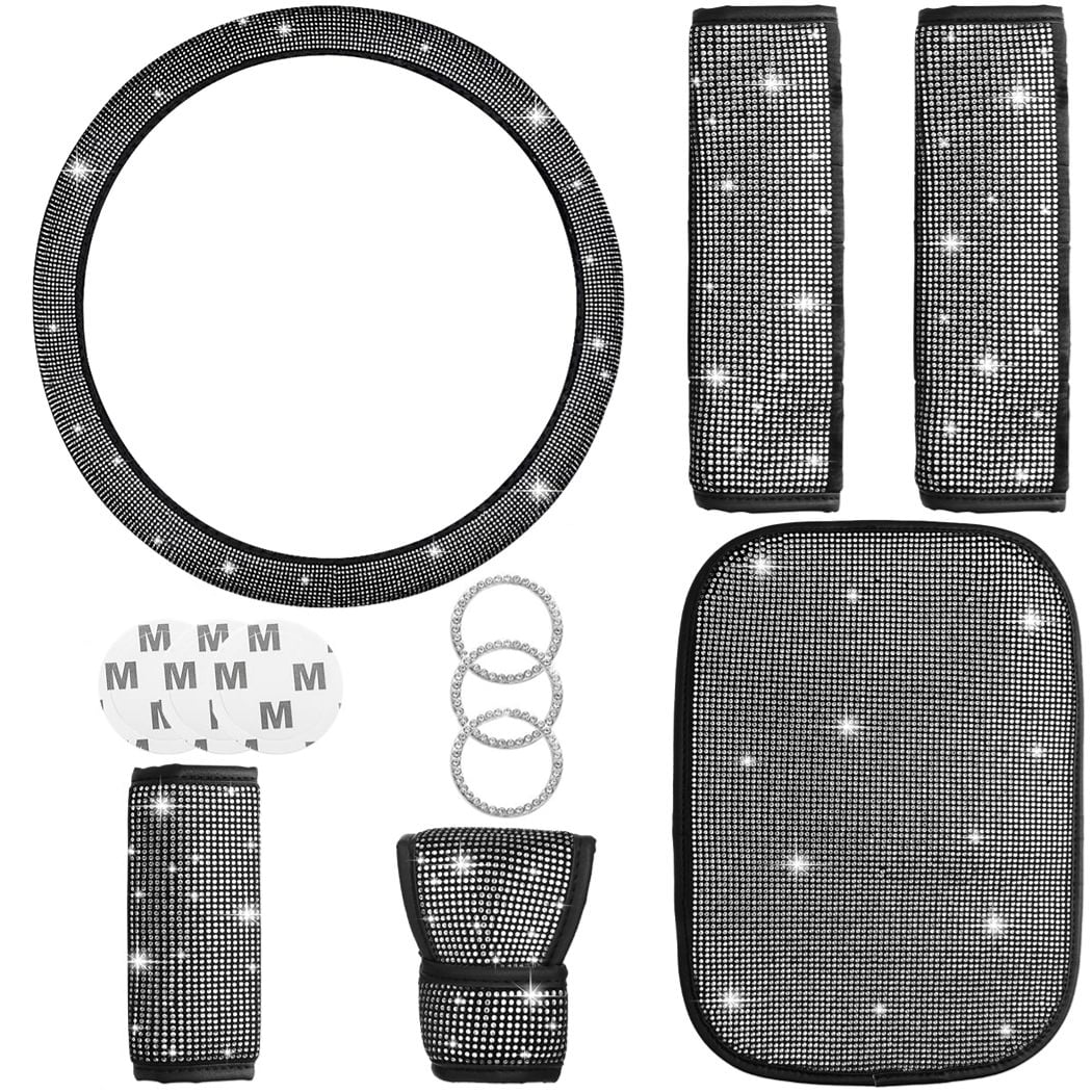 Bling Crystal Diamond Steering Wheel Cover, 11Pcs Shiny Rhinestone Sparkling Car Interior Decorations, Car Accessories for Women Girls, Universal Fit 14-15inch