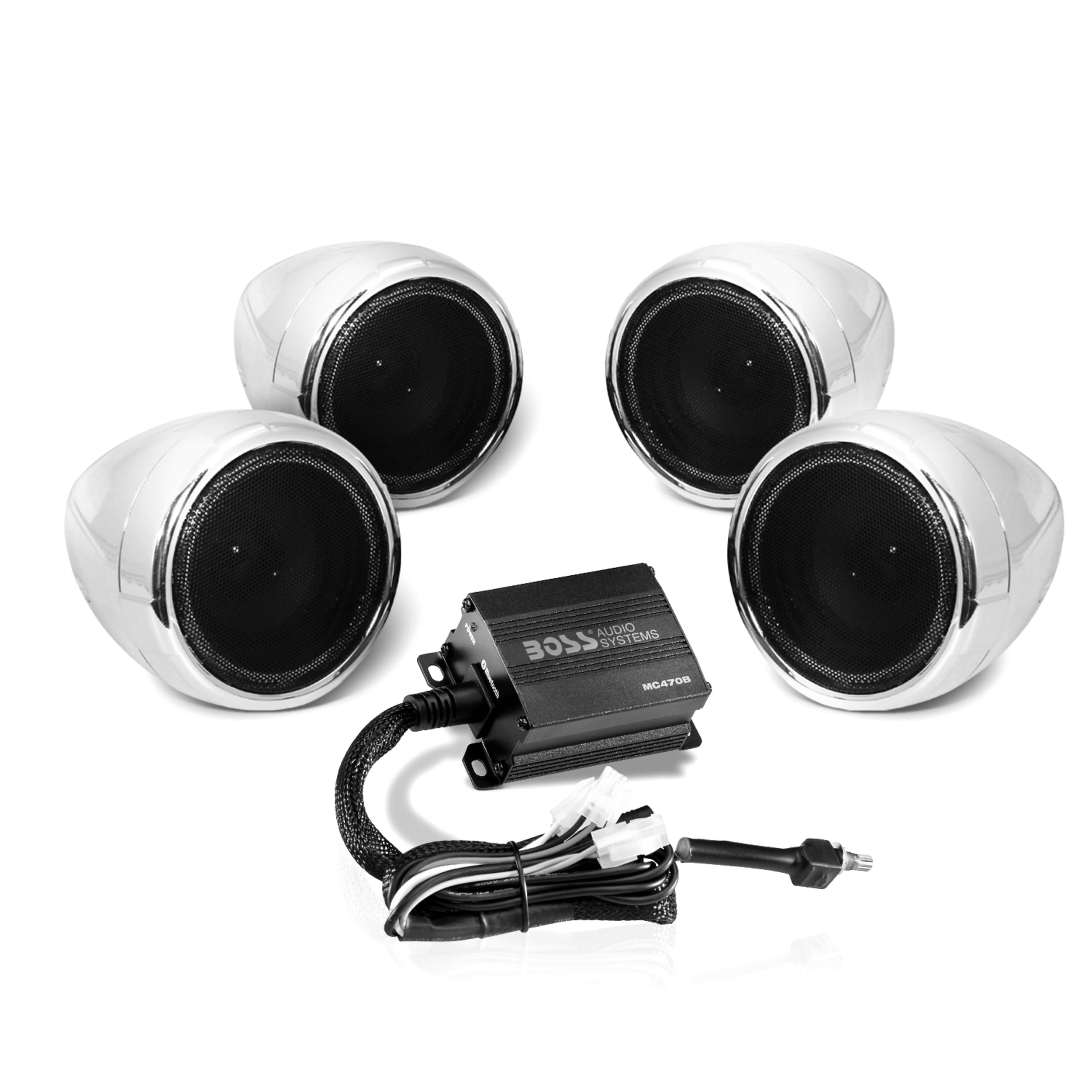 Boss Audio Systems MC470B 3 inch Motorcycle Speakers and Amplifier Audio Sound System – Bluetooth 2 Channel Amplifier, Weatherproof, Volume Control, ATV UTV Compatible, for Stereo, Tweeters