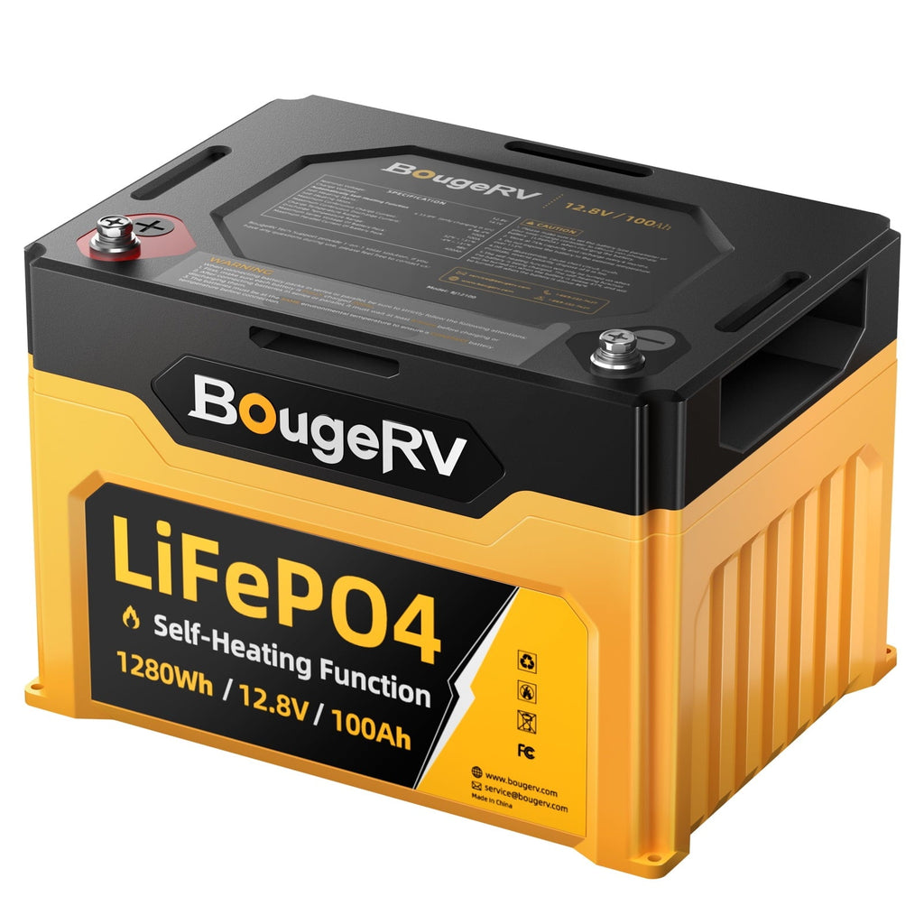 BougeRV 12V 100Ah Self-Heating LiFePO4 Battery, Low Temperature Protection, 1280Wh Deep Cycle Lithium Battery, BMS, for RV Solar Camper Marine