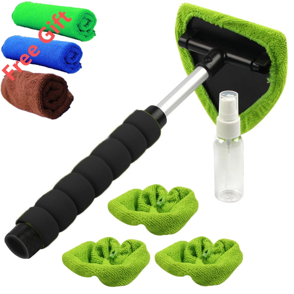 Byseng Car Windshield Cleaner, Windshield Cleaning Tool for Car, Microfiber Car Window Cleaner with Extendable Handle + 4 Reusable and Washable Microfiber Pads - Green