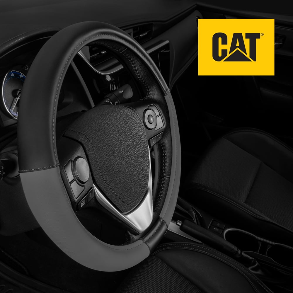 CATERPILLAR Two Tone Ergonomic Soft Leather Grip Steering Wheel Cover - Strong, Durable and Comfortable Universal Size 14.5-15.5" (Dark Gray / Black)