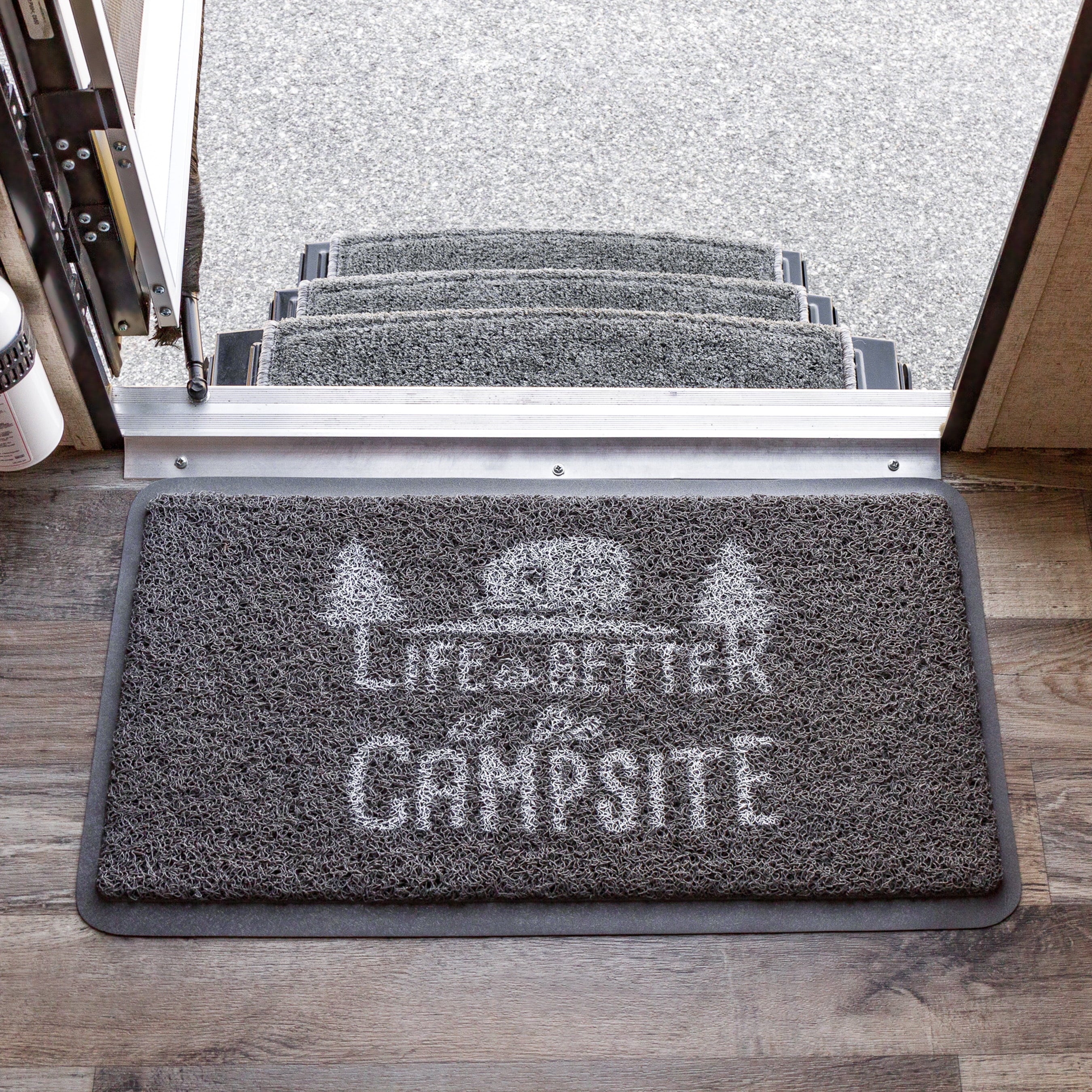 Camco Life is Better at The Campsite Camper/RV Scrub Rug/Door Mat | Looped PVC, Gray and White (53197)
