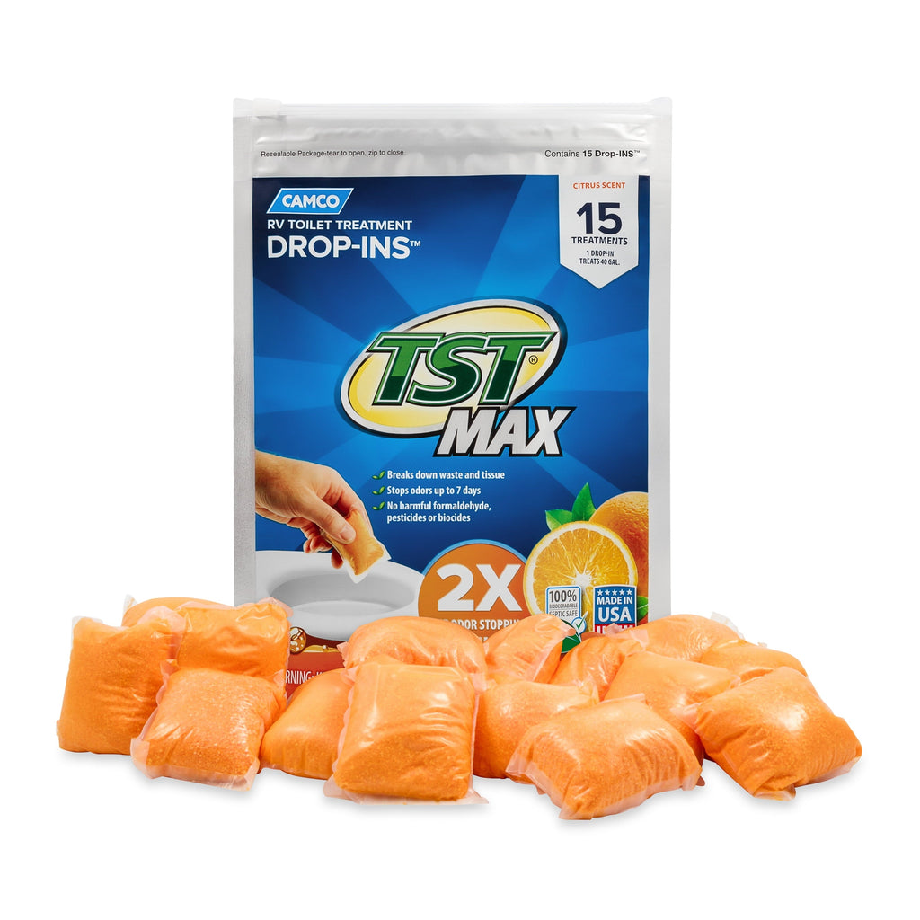 Camco TST MAX Camper/RV Toilet Treatment Drop-INs | Control Unwanted Odors and Break Down Waste and Tissue | Safe Septic Tank Treatment | Orange Scent | 15-Pack (41189)