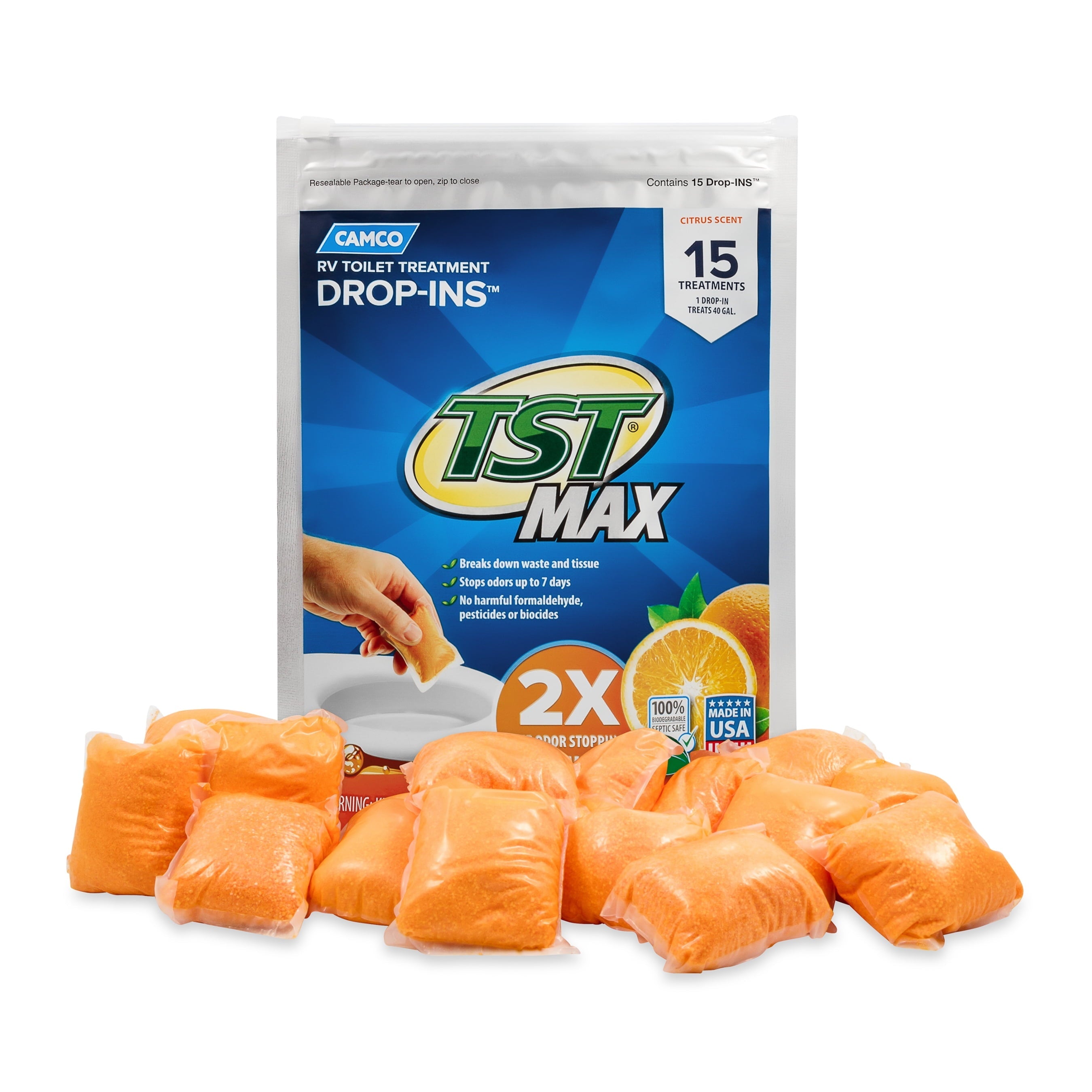 Camco TST MAX Camper/RV Toilet Treatment Drop-INs | Control Unwanted Odors and Break Down Waste and Tissue | Safe Septic Tank Treatment | Orange Scent | 15-Pack (41189)