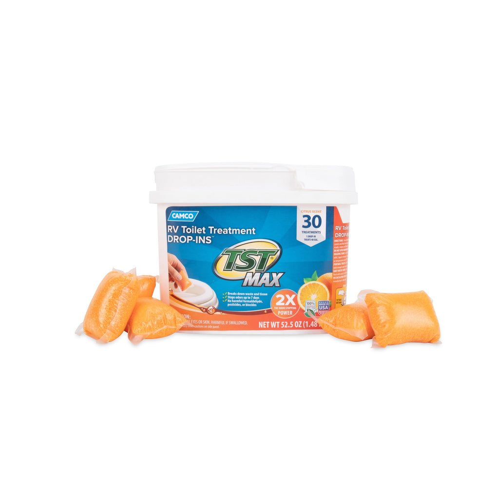 Camco TST MAX Camper/RV Toilet Treatment Drop-INs | Control Unwanted Odors and Break Down Waste and Tissue | Safe Septic Tank Treatment | Orange Scent | 30-Pack (41183)