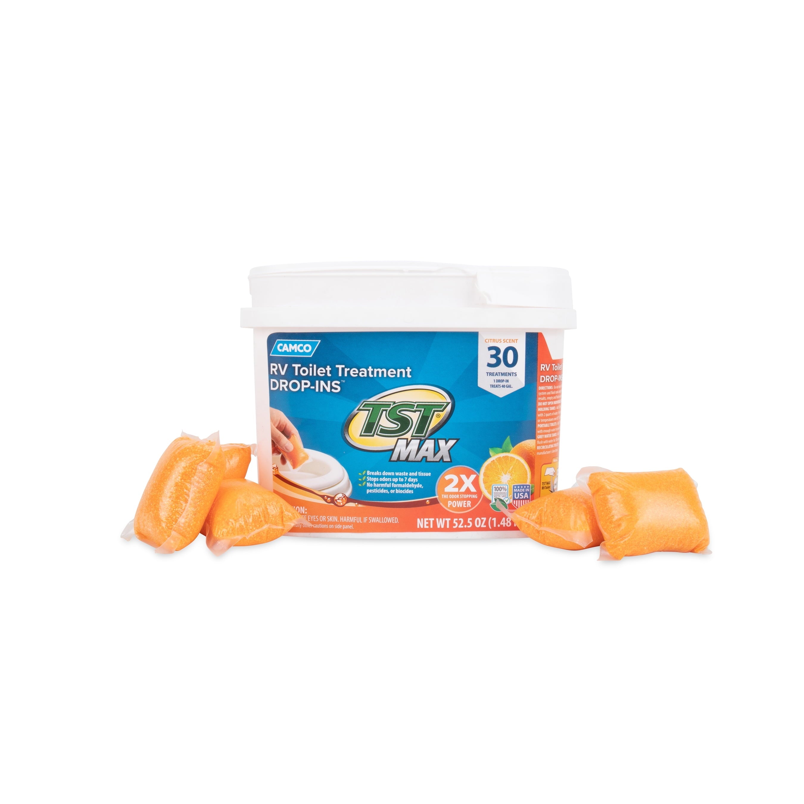 Camco TST MAX Camper/RV Toilet Treatment Drop-INs | Control Unwanted Odors and Break Down Waste and Tissue | Safe Septic Tank Treatment | Orange Scent | 30-Pack (41183)