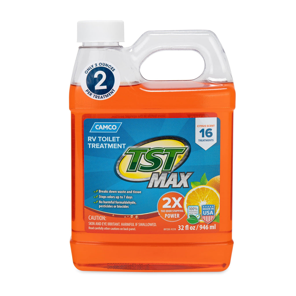 Camco TST MAX RV Toilet Treatment | Features an Ultra Concentrated Formula with Orange Citrus Scent | Stop Odors and Break Down Waste in Camper or Marine Waste Holding Tanks | 32oz. (41192)