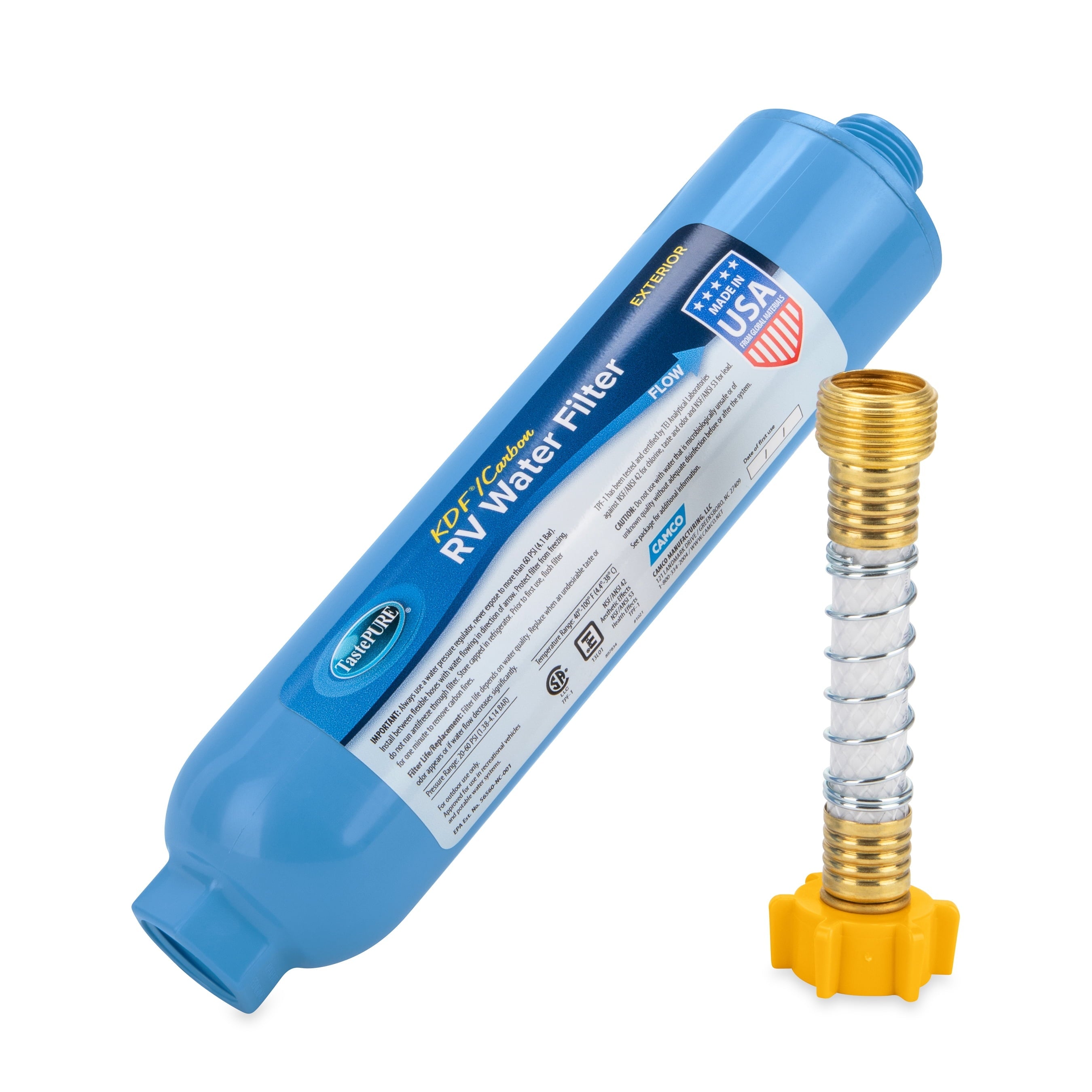 Camco TastePURE Camper/RV Water Filter & Hose Protector | Inline Water Filter Reduces Bad Taste, Odor, Chlorine & Sediment | Ideal for RVs, Campers, Travel Trailers, Boats | (40043)