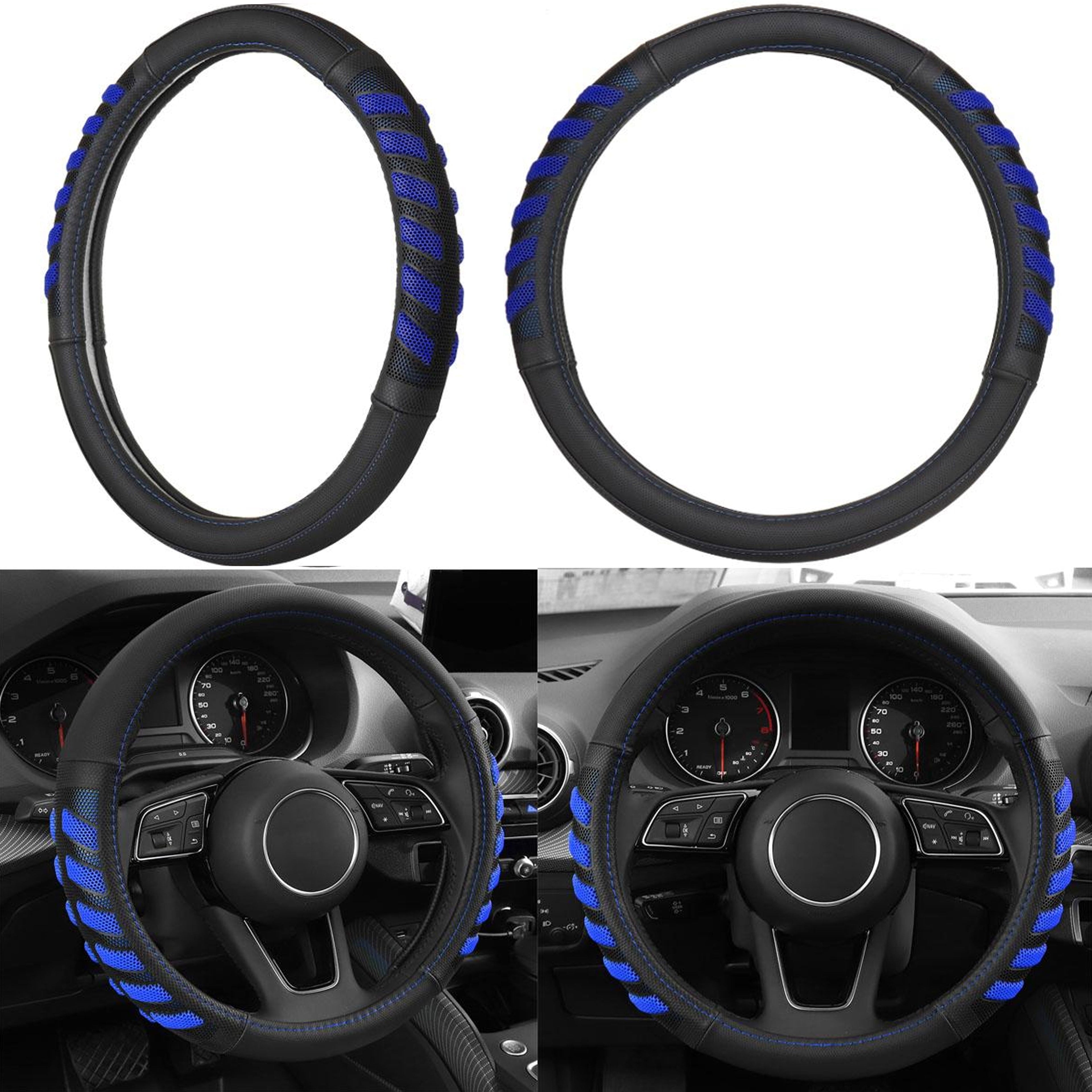 Car Steering Wheel Cover Grip Black Blue Auto Universal High Quality 14.5"-15.5"