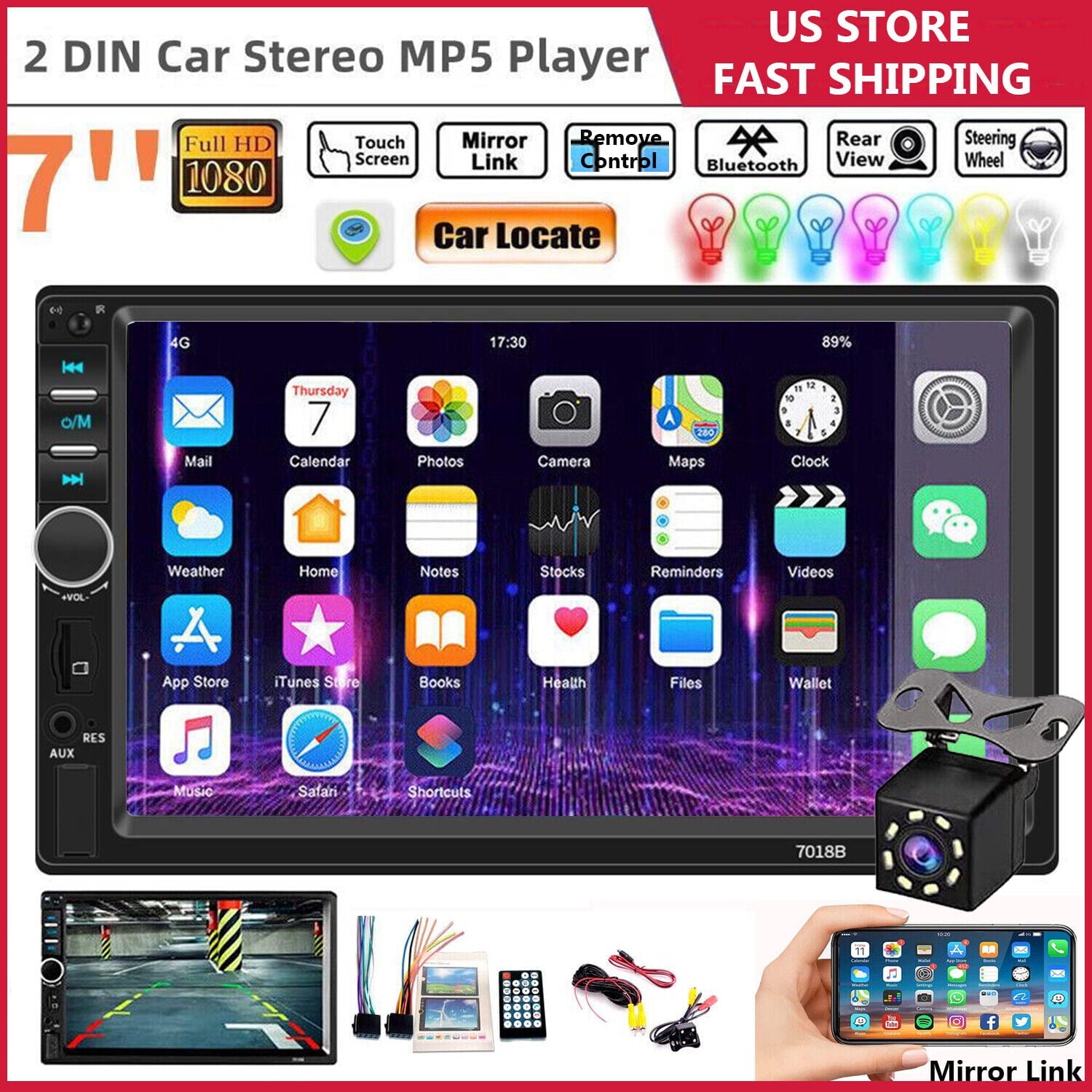 Car Stereo Touch Screen,7" Double Din Radio,Car Stereo with Bluetooth FM AUX USB SD Mirror Link Function,Backup Camera