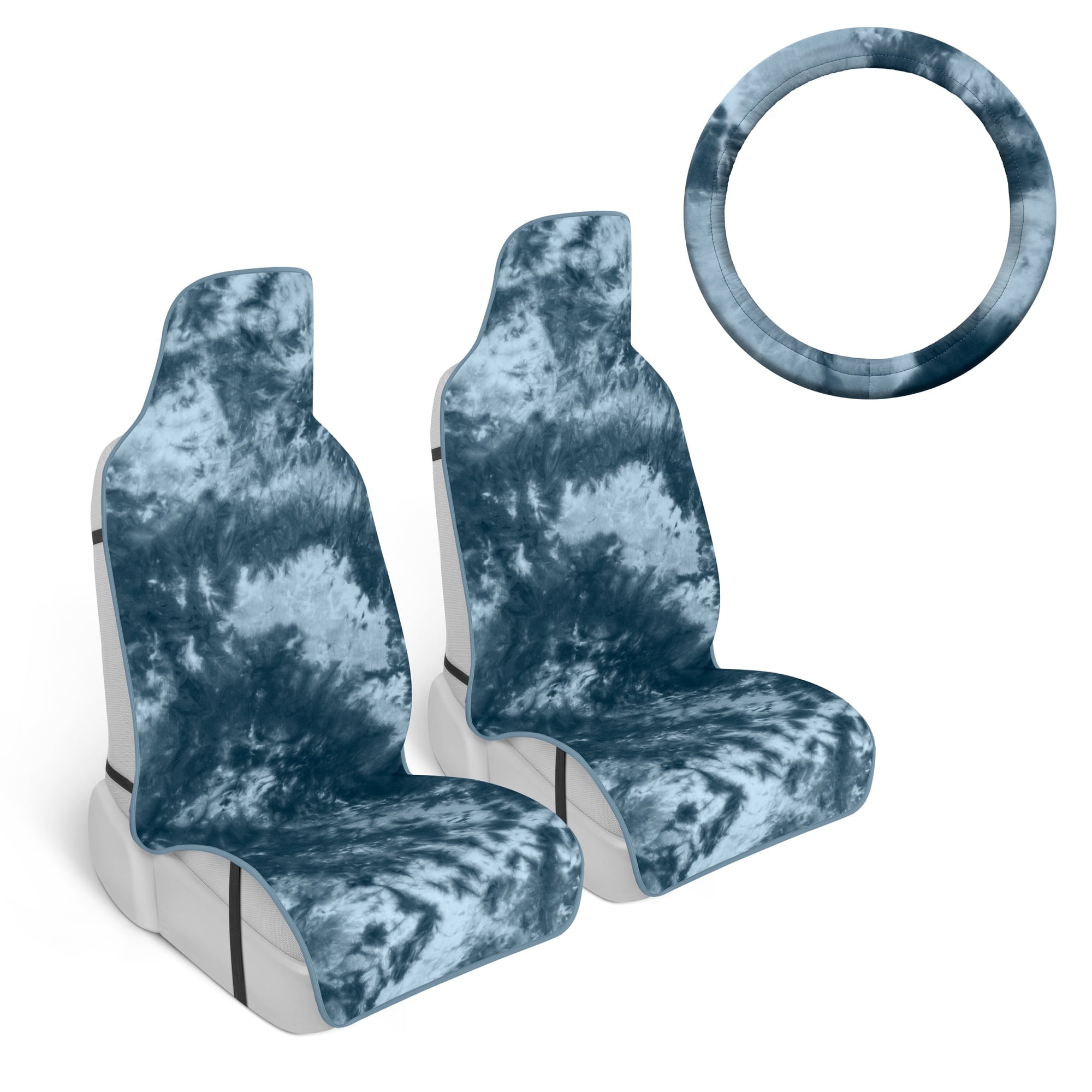 Carbella Tie-Dye Car Seat Covers, Blue Seat Covers for Cars with Matching Steering Wheel Cover, Cute Automotive Interior Covers for Trucks Van SUV