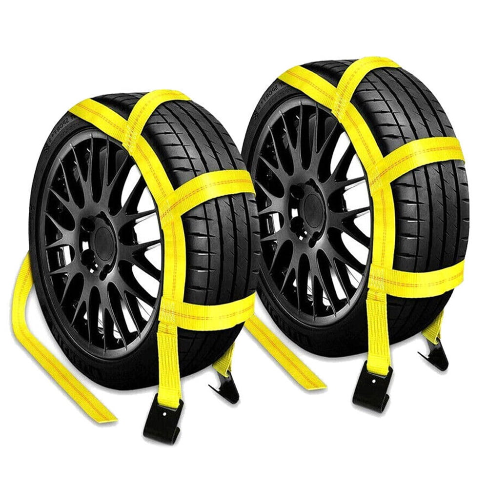 Carbole 2Pcs Car Tire Basket Straps, Adjustable Tire Tow Straps Wheel Net Tow Dolly with Flat Hook, Yellow