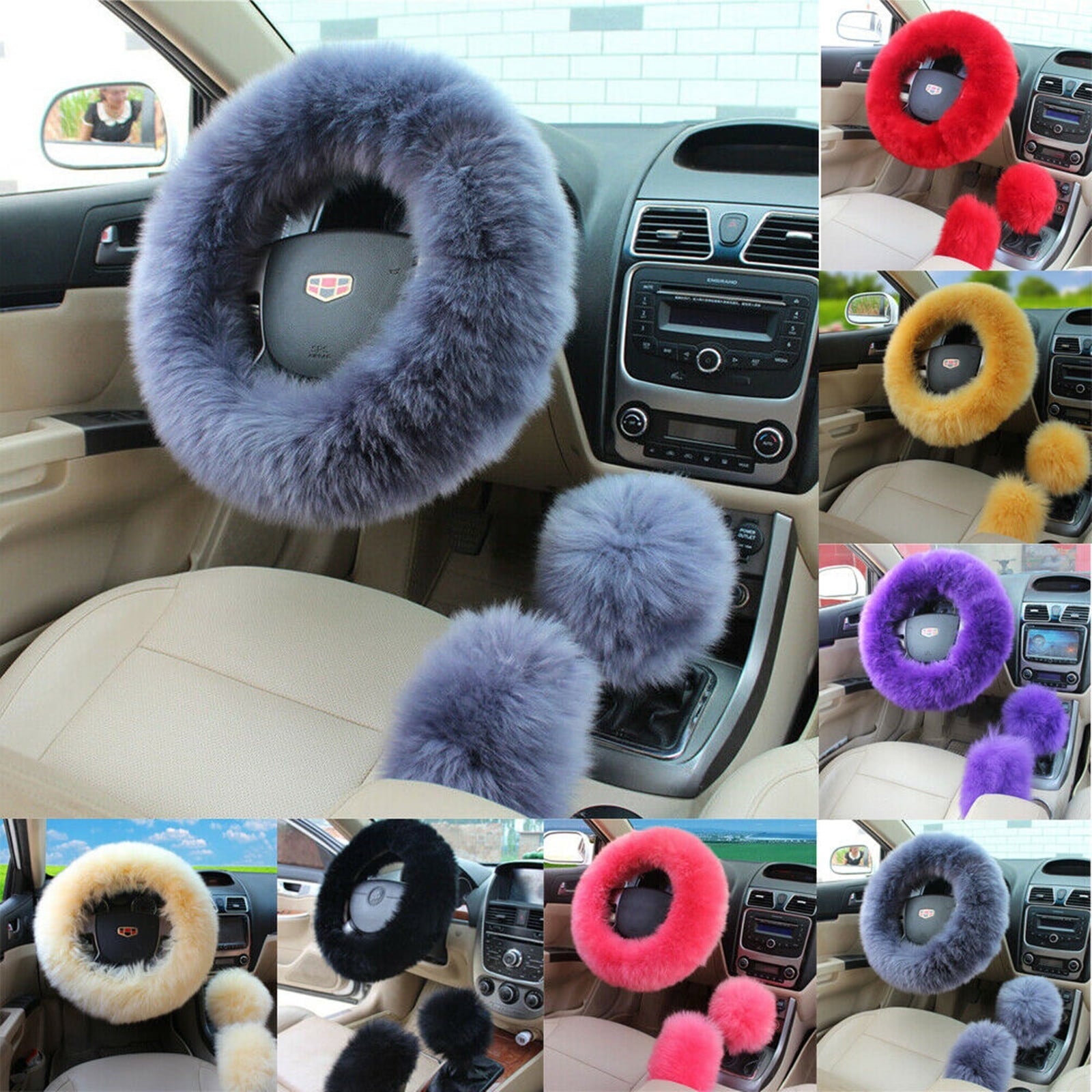 Carolily Finery New 3Pcs/Set Woolen Winter Warm Fuzzy Steering Wheel Cover Long Plush Handbrake Car Accessory