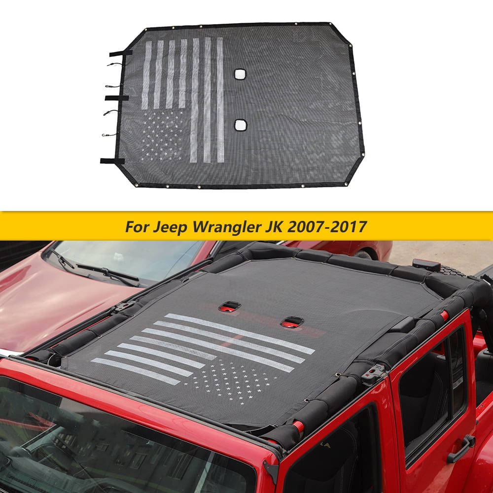 CheroCar Sun Shade Mesh Sunshade Bikini Top for Jeep Wrangler JK 2007-2017, Black US Flag