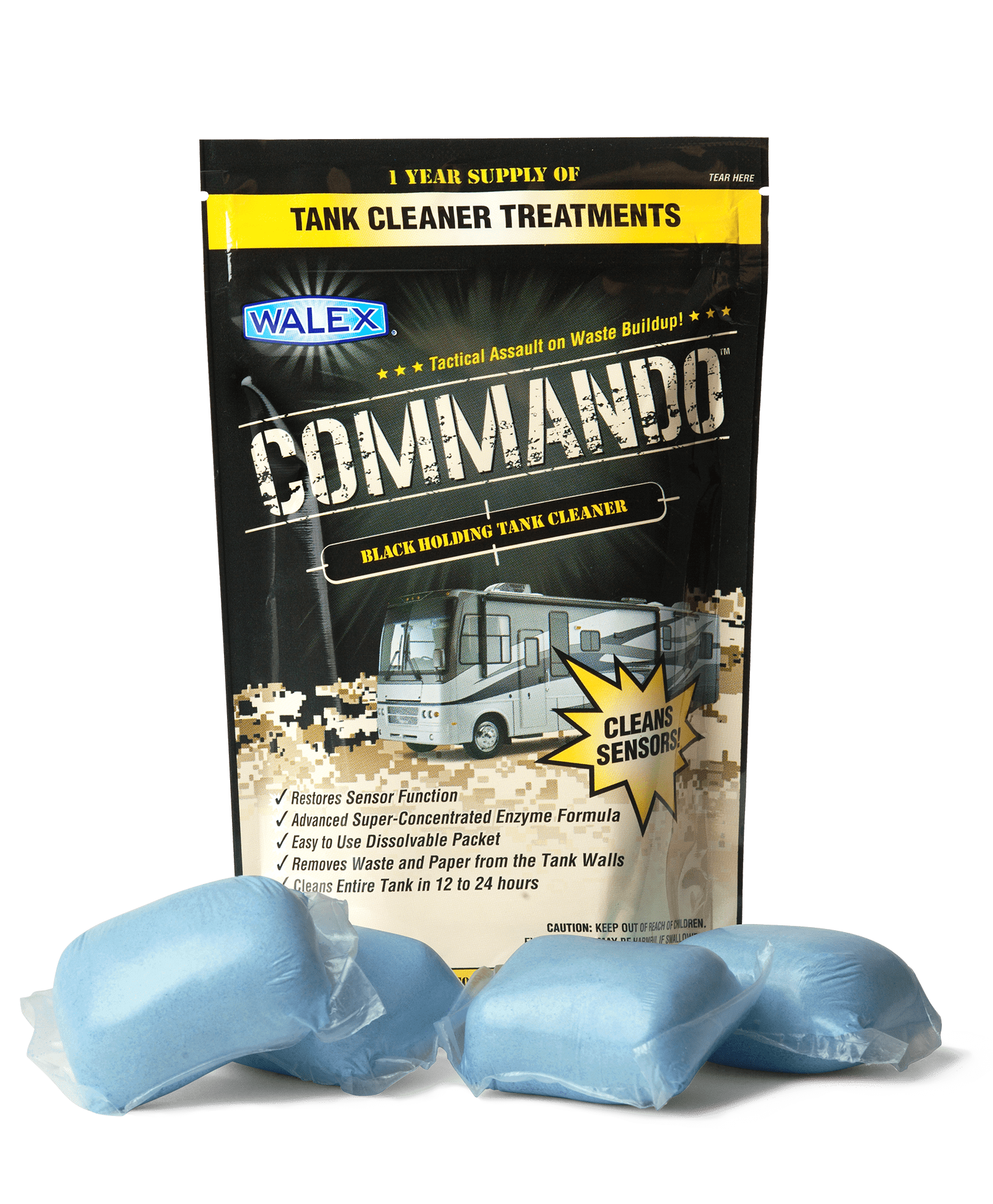 Commando Black Holding Tank and Sensor Cleaner | 4-Pack | 1 Year Supply | Blue | Ocean Mist Fragrance | Manufactured by Walex