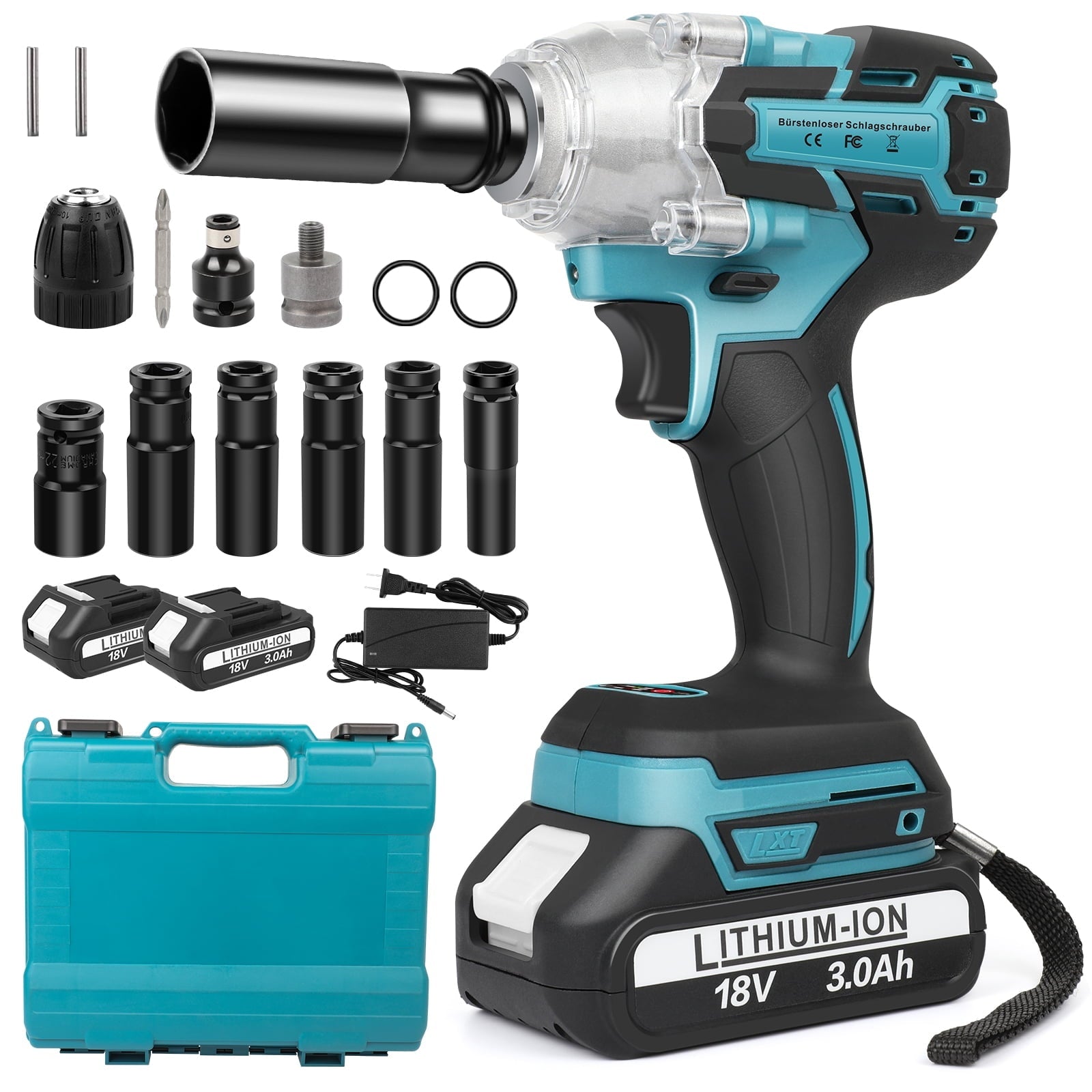 Cordless Impact Wrench Brushless Impact Wrench 1/2 inch Max Torque 550Nm 3200RPM w/ 2x 3.0 Battery 6 Sockets High Torque Power Impact Wrench for Car Home