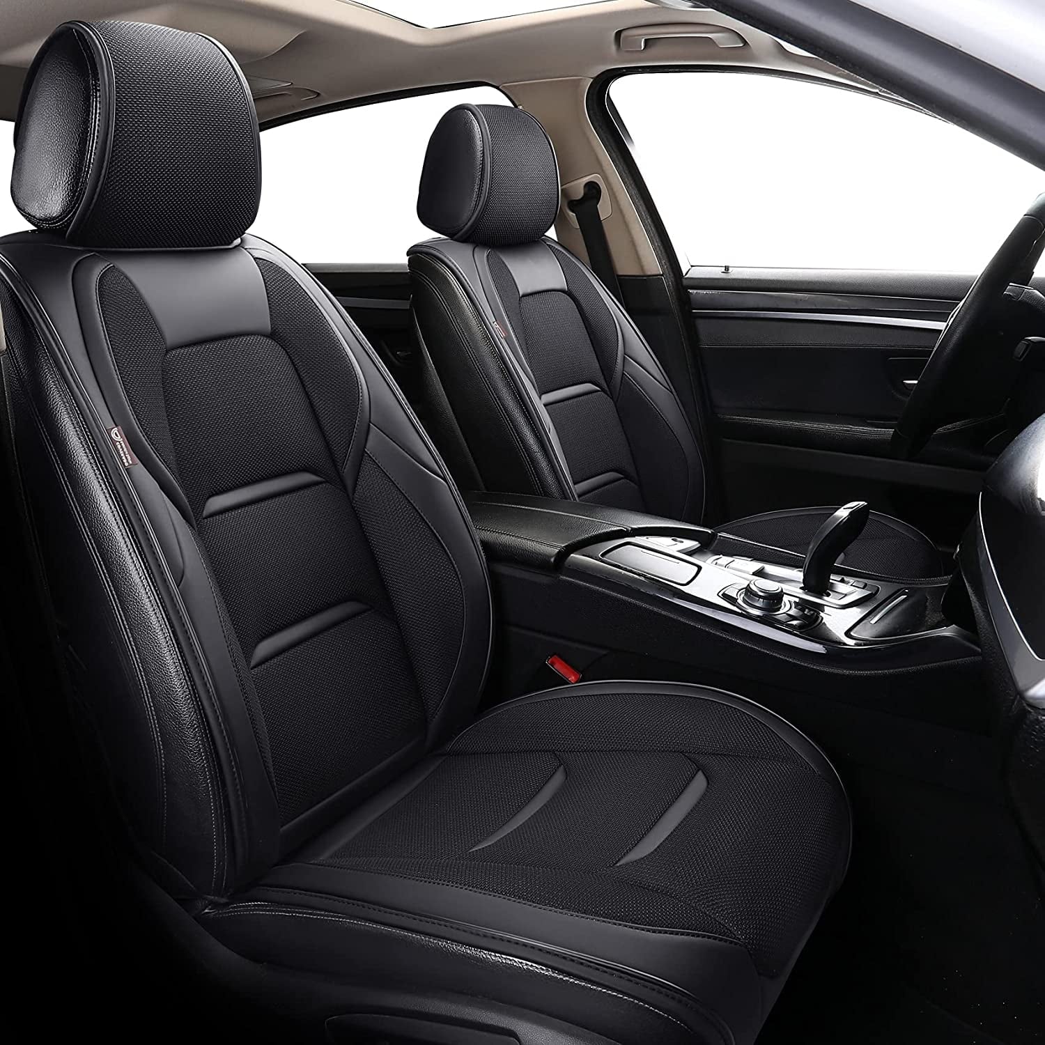 Coverado Front Pair Seat Protector, Breathable Leather & Fabric Car Seat Cushions 2 Pieces, Oval Pattern, Protective Seat Covers Universal Fit Most Vehicles, Sedans, SUVs, Trucks and Vans, Black